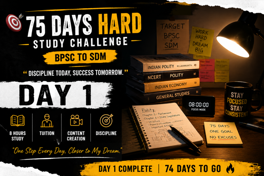 75 Days Hard Study Challenge Day 1 BPSC to SDM Journey