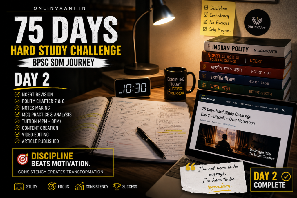75 Days Hard Study Challenge Day 2 BPSC Preparation Banner